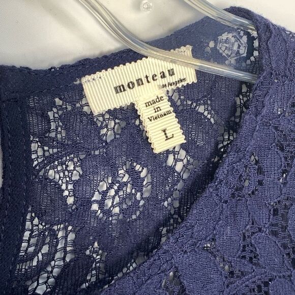 Monteau Women's Lace Shoulder Keyhole Short Sleeve Blouse Blue Size Small - Picture 3 of 6